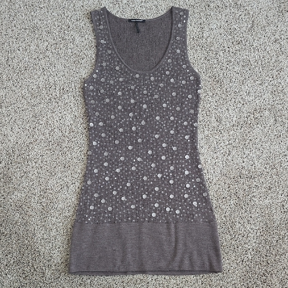 Luisa Cerano sz 10 (6/8)  gray/taupe  sequined tunic top